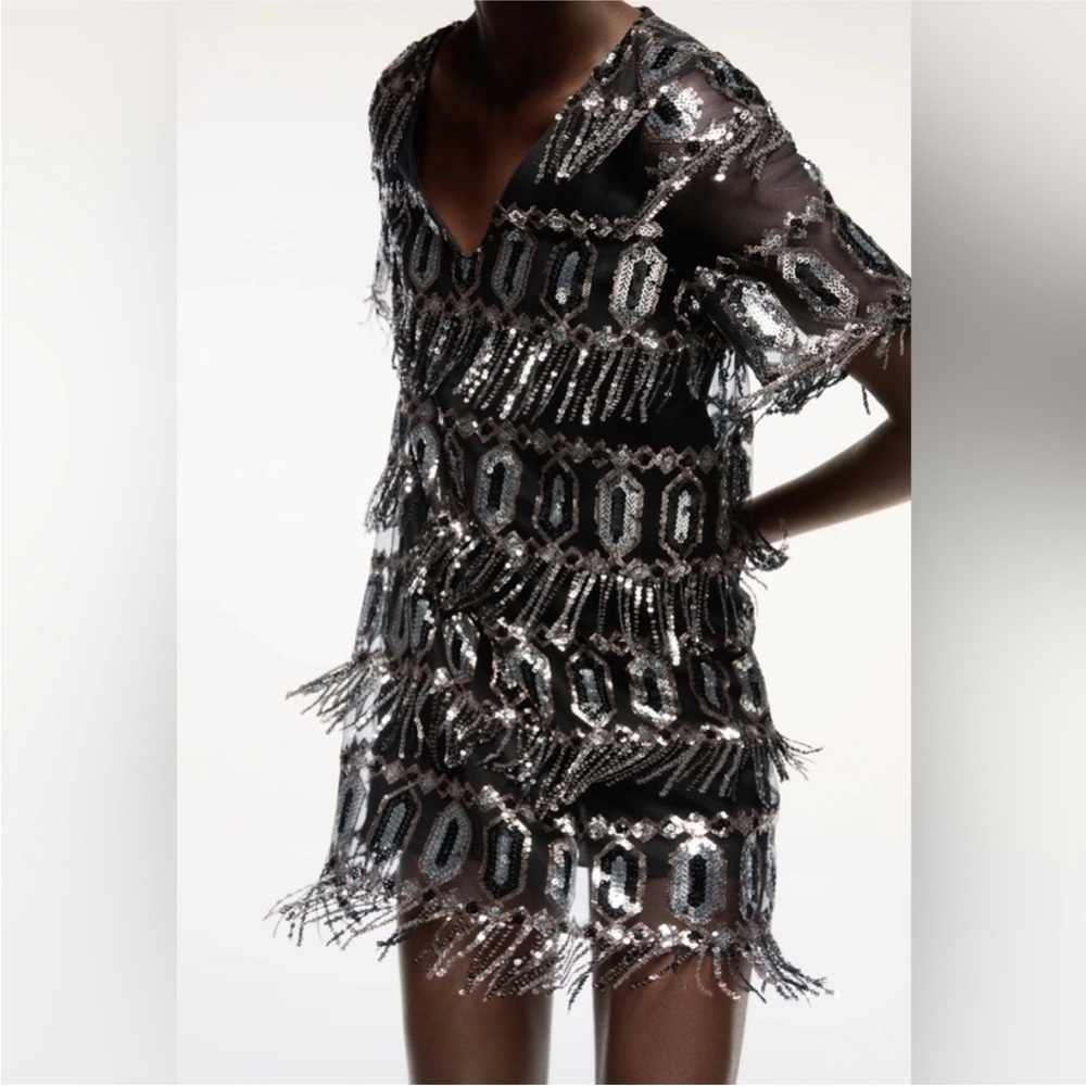 Zara Black and Silver Sequin Mini Dress